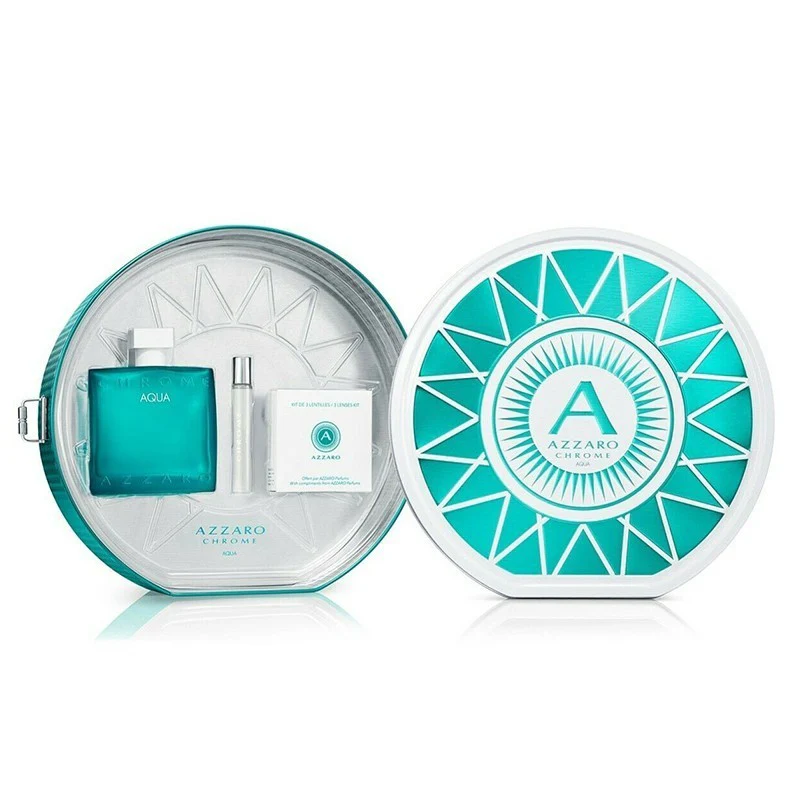 AZZARO CHROME AQUA FOR MEN EDT 100ML+7.5ML MINI+3 SMARTPHONE LENSES KIT TIN SET