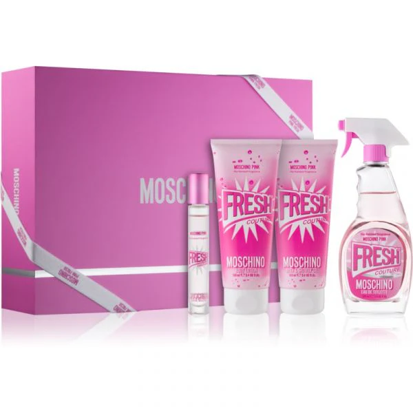 Moschino Pink Fresh Couture For Women 4 Pieces Gift Set (3.4 Eau De Toilette Spray-3.4 Body Lotion-3.4 Bath and Shower Gel-10 ML Eau De Toilette)