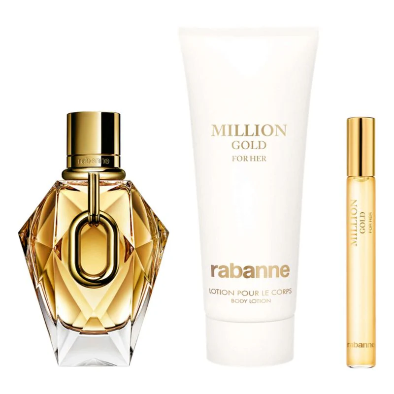 Paco Rabanne Million Gold For Women Set EDP 90ml Refillable + EDP 10ml Travel Spray + Body Lotion 100ml