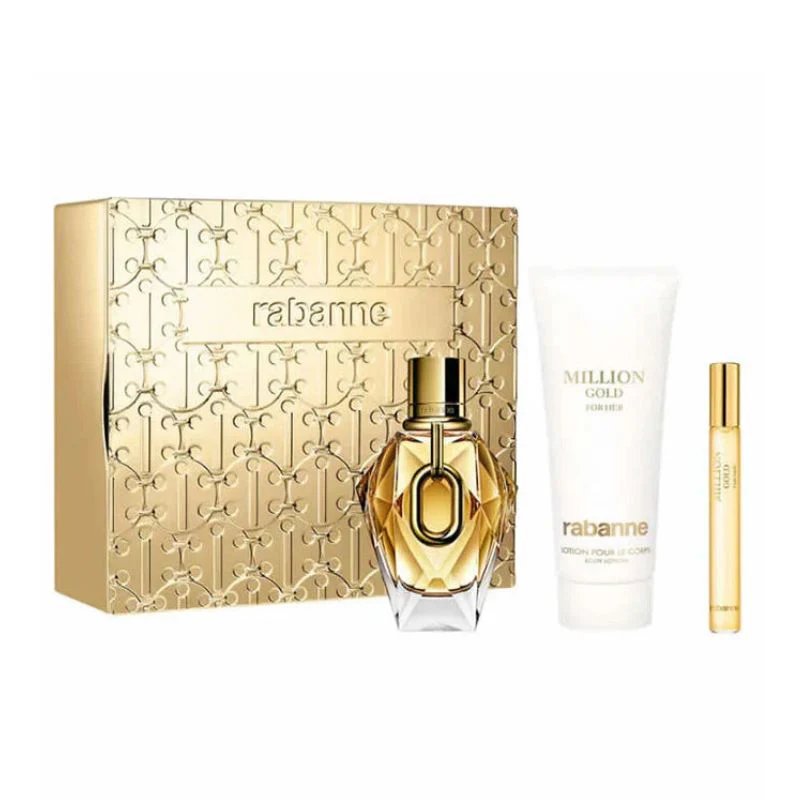 Paco Rabanne Million Gold For Women Set EDP 90ml Refillable + EDP 10ml Travel Spray + Body Lotion 100ml - Image 2