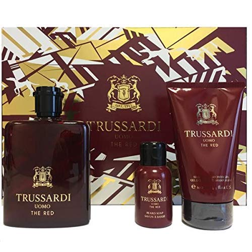 Uomo The Red by Trussardi - Perfume For Men - Eau de Toilette Spray 100ml, Shampoo and Shower Gel 100ml & Beard Soap 50ml